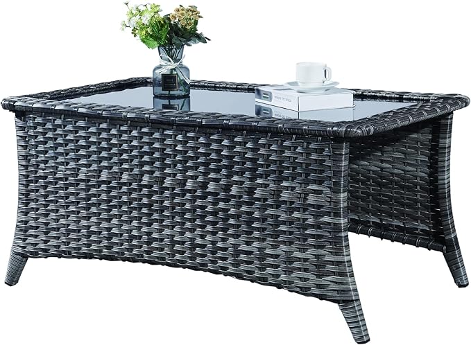 Patio Table Outdoor Coffee Tables - Rattan Wicker Coffee Table with Glass Top and 2-Tier Storage Shelf Rectangle for Outdoor Patio Porch Deck Balcony Garden(Mixed Grey/Glass Top)