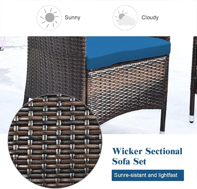 Tangkula 8 Pieces Patio Rattan Conversation Set with Tempered Glass Coffee Table & Thick Cushion, Wicker Set for Garden, Lawn, Poolside and Backyard