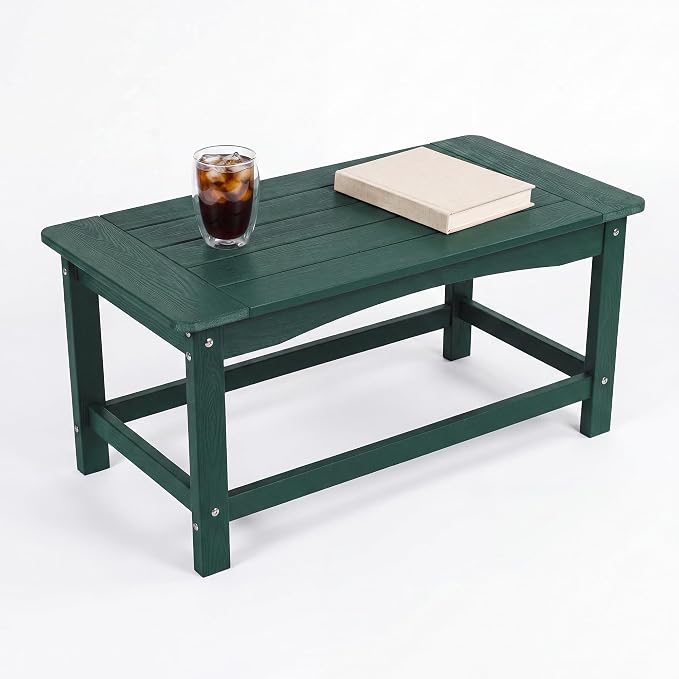Green Outdoor Coffee Table for Patio 35.4 x 17.5 x 16.1 Poly Lumber | 250 lb All-Weather HIPS Rectangle Patio Table, Stainless Steel Hardware, 1-Year Warranty for Deck Garden Porch Backyard