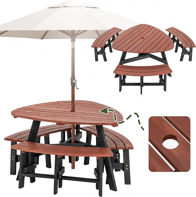 KEIKI 6-Person Outdoor Picnic Table Set with Benches & Umbrella Hole | Seats 6 with a 1,500 lb capacity, solid fir wood, umbrella hole, and 3 built-in benches for outdoor dining