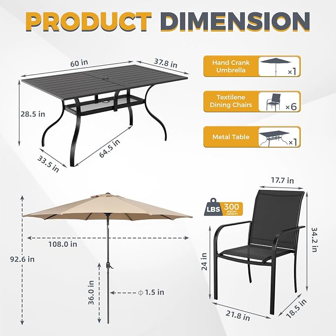 Crownland 7 Piece Patio Dining Set, Textilene Dining Sets, 6 Textilene Metal Chairs and Rectangular Outdoor Dining Table with Khaki 9FT Round Outdoor Umbrella (Black)