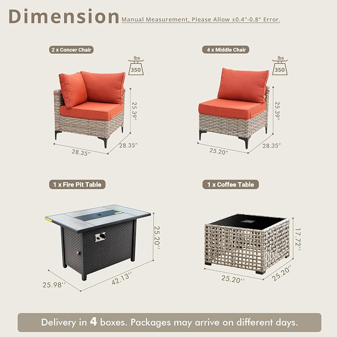 8 Pieces Patio Sectional Furniture Set, Outdoor Wicker Sectional Couch with Firepit Solar Lights Table, Modern Conversation Set for Porch Balcony Backyard, Red