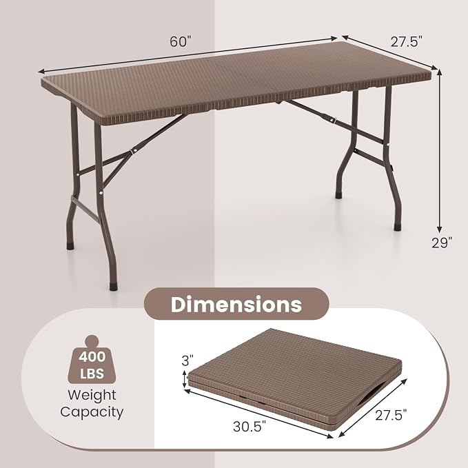 Giantex 5 FT Folding Table, HDPE Foldable Dining Table for 6, Indoor Outdoor Use for Party Banquet Wedding Picnic Camping BBQ, Fold-in-Half Portable Space Saving Design (Brown)