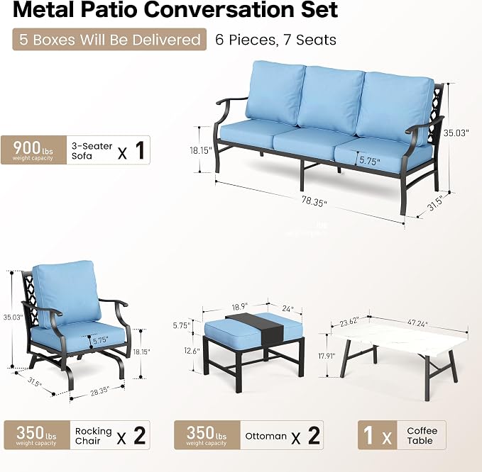 SUNSHINE VALLEY 6 Piece Metal Outdoor Patio Furniture Set, Patio Conversation Set 1 3-seater Sofa, 2 Rocking Chair, 2 Ottomans with 5.75" Thick Cushion and Coffee Table, Black Backyard Furniture, Blue