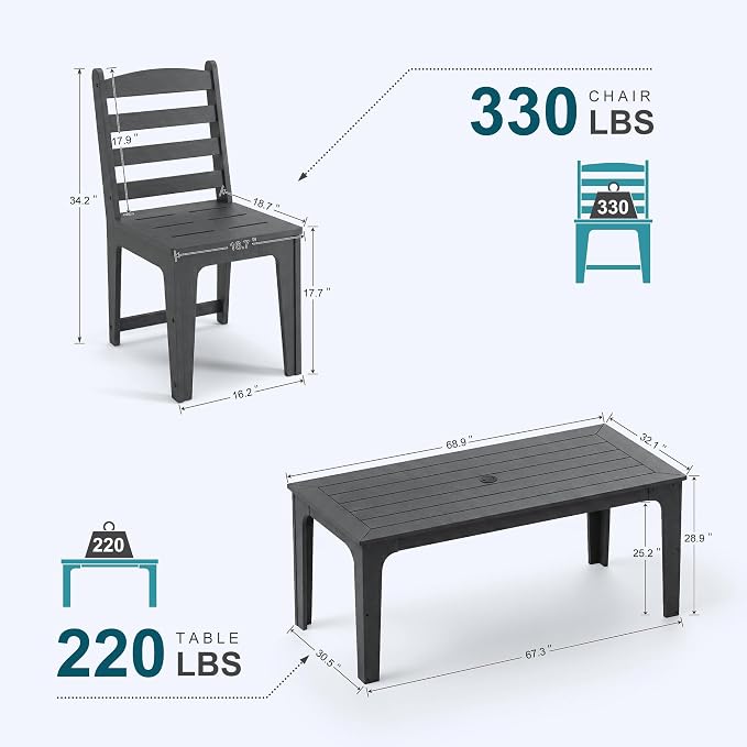 HDPE Outdoor Dining Table & Chairs Set for 6 Person, Black(7-Piece) | Weather-Resistant Patio Furniture Set with Metal Support Bars and Umbrella Hole Cut-Out for Poolside Garden Backyard Deck