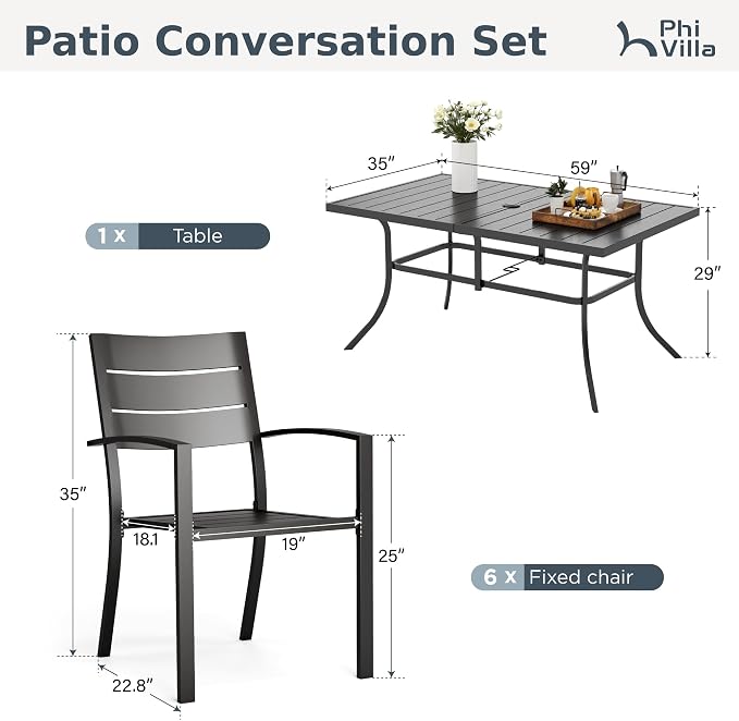 PHI VILLA 7 Pcs Outdoor Dining Set, 59" Rectangle Metal Table, Black | Wrought Iron Table&Stackable Chairs, Modern Outside Furniture for Deck, Yard, Porch
