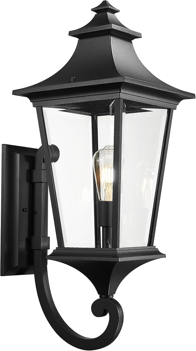 Emliviar 29.3 Inch Outsider Wall Lantern, Outdoor Wall Light Suitable for House Porch, Clear Glass in Black Finish, XE292UB-L BK