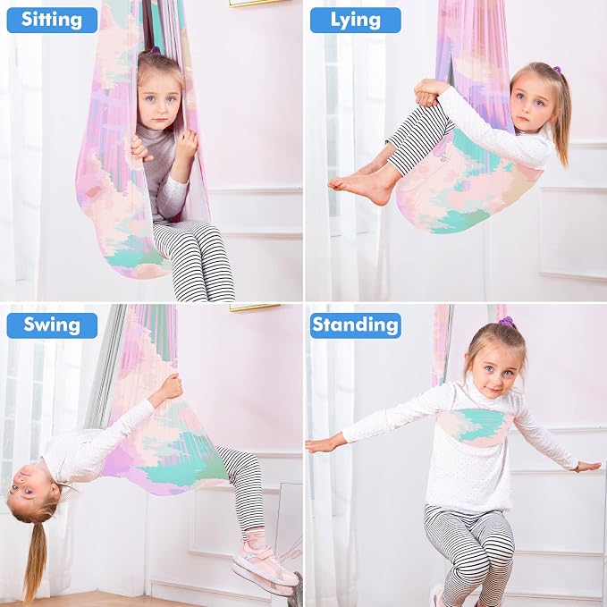 Therapy Swing Hammock Kids Cuddle Sensory Swing Indoor Therapeutic Hammock 360° Rotating Double Layer Elastic Rocking Cloth Swing Gifts for Children with ADHD SPD Asperger Autism (Rainbow+Grey)