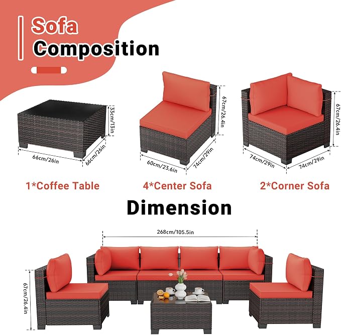 CHABATREE 7-Piece Outdoor Patio Furniture Sets, Manual Weaving Rattan Conversation Sectional Sofa with Tempered Glass Coffee Table, All-Weather PE Wicker & Thick Cushions for Garden, Backyard, Porch