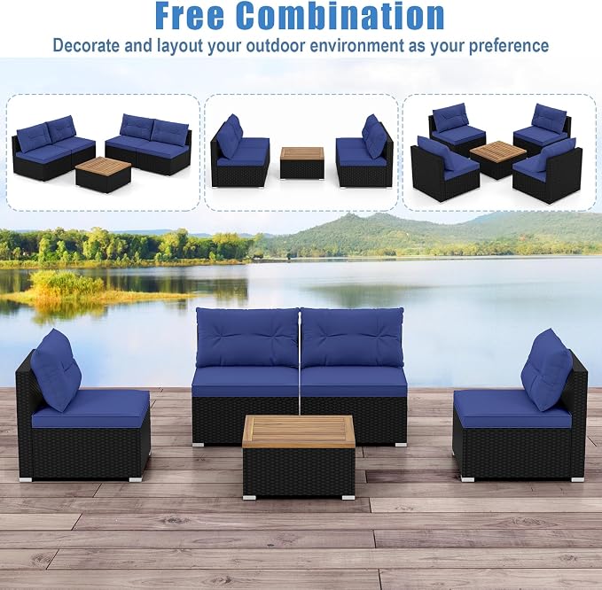 DORTALA 5 Piece Wicker Patio Furniture Set, PE Rattan Outdoor Sectional Conversation Set with Acacia Wood Coffee Table, 4 Chairs for Deck, Backyard, Poolside, Navy
