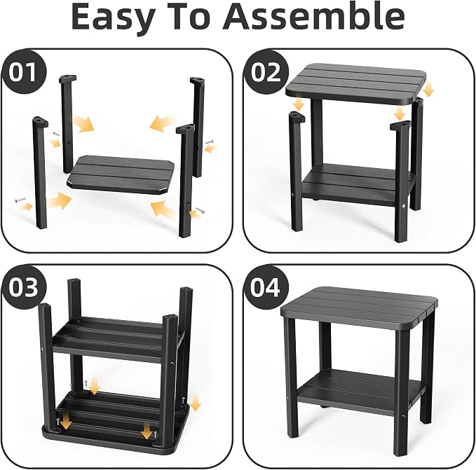 EasyUp Outdoor Side Table & End Table, 2-Tier Waterproof Resin Patio Table, Square End Table with Shelf for Porch, Balcony, Garden, All-Weather Black Outdoor Side Table for Lounge Chairs