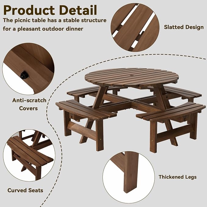 HAPPYGRILL 8-Person Wood Picnic Table Bench Set, Round Camping Table w/Umbrella Hole, Circular Outdoor Table w/4 Built-in Curved Benches, for Patio, Garden, Backyard, Porch (Brown)