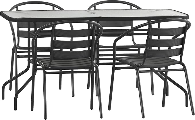 BizChair 5 Piece Outdoor Patio Dining Set - 4 Black Metal Aluminum Slat Stack Chairs - 55" Tempered Glass Patio Table with Umbrella Hole