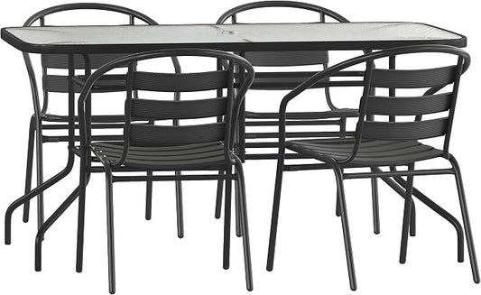 BizChair 5 Piece Outdoor Patio Dining Set - 4 Black Metal Aluminum Slat Stack Chairs - 55" Tempered Glass Patio Table with Umbrella Hole
