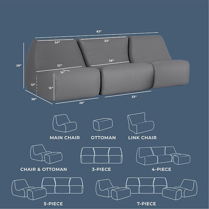 Big Joe Solvana Outdoor Sectional, 3 Piece Patio Furniture Set, Weather-Resistant Cool Touch Silicone Stitched Leather Sofa, Moonlit Gray