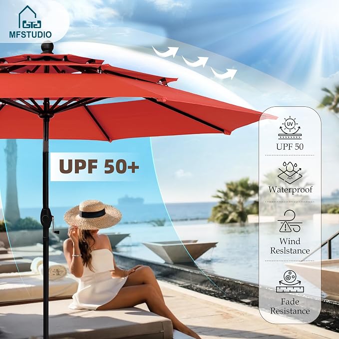 MFSTUDIO Outdoor Dining Set with Umbrella, Patio Dining Set for 4 Persons, Patio Furniture Set with Square Table & Textilene Chairs & Orange Red Umbrella (Base not Included)