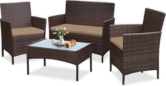 PROHIKER 4 Piece Outdoor Wicker Patio Conversation Furniture Set, Rattan Chair Wicker Sofa Garden Conversation Sets with Cushion and Glass Table for Yard Pool or Backyard, Brown/Khaki