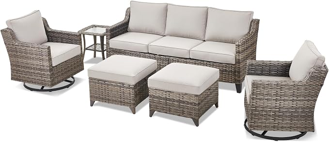 6 Piece Outdoor Patio Wicker Furniture Sets-High Back Outdoor Conversation Set Sectional Sofa with Wicker Swivel Rocker Patio Chairs,Thick Cushions Ottomans for Porch Balcony Patio Deck Grey/Beige