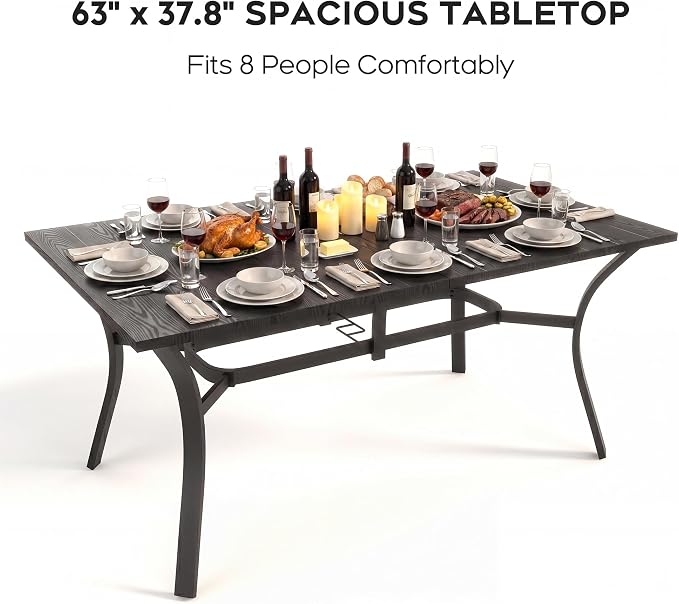 Patio Outdoor Dining Table, Wood-Grain Patio Table with Umbrella Hole, All-Weather Metal Dining Table for Party, Lawn & Garden (63“ x 37.8”) Black