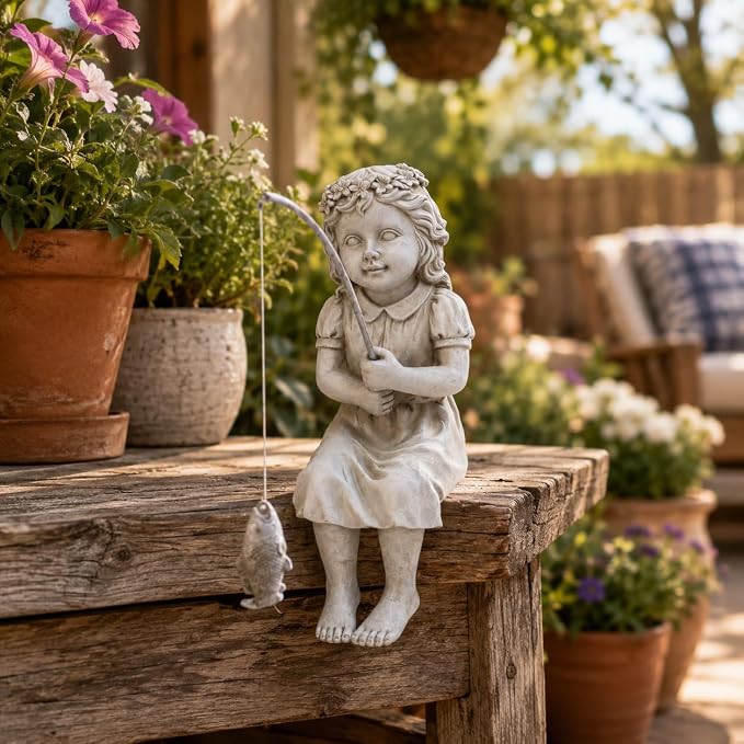 Goodeco Fishergirl Statue Garden Decor - 11" Little Fishing Guy for Koi Pond or Waterfalls, Poolside Statue with Glow in Dark Pebbles Included, Great Gifts for Mom, Women or Birthdays, Gift Ideas