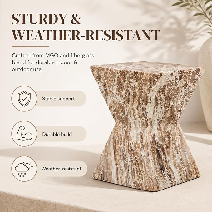 12.4" Concrete Side Table Outdoor, Modern Tree Stump Garden Stool,Faux Terrazzo Modern Small Squre Side Accent Table,Small Stone End Table for Balcony (Marble-12.4"-6)