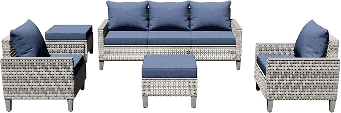 7 Pieces Patio Furniture Set with Ottomans, Modern Outdoor Sectional Sofa with Comfy Cushions, Modular Wicker Rattan Patio Conversation Set for Garden Poolside Deck, Navy