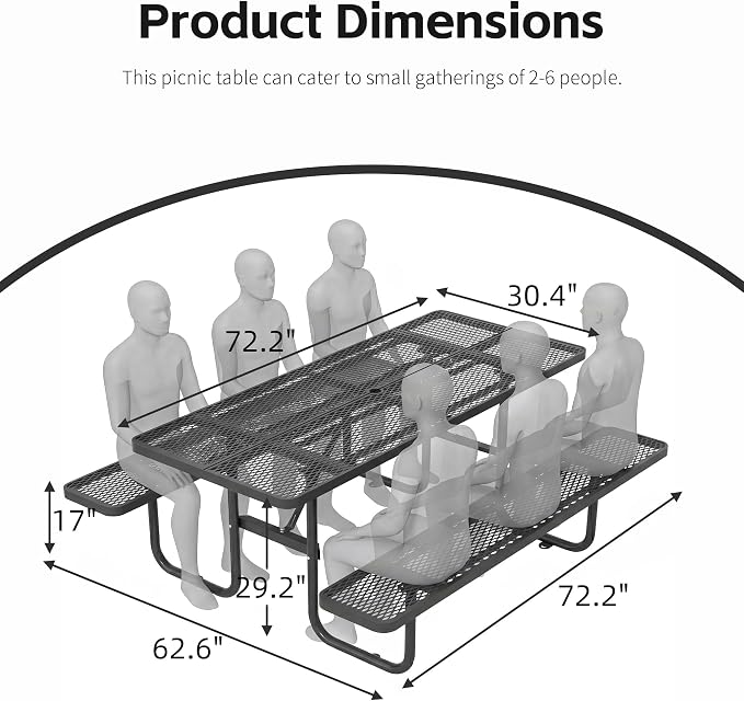 72" Outdoor Rectangular Picnic Table with Umbrella Hole, Heavy Duty Commercial Grade Steel Camping Table for Backyard Patio Deck, Weather-Resistant Black Metal Mesh