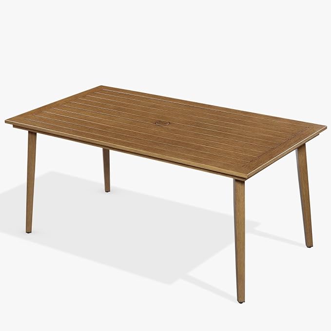 Never Rusts Outdoor Patio Dining Table for 6, 63.8"x34.8" Outdoor Aluminum Dining Table with Umbrella Hole, 6 Person Patio Furniture Dining Table for Garden, Backyard, Porch, Teak