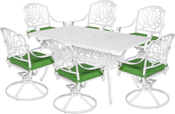 VIVIJASON 7-Piece Outdoor Furniture Dining Set, All-Weather Cast Aluminum Conversation Set Includes 6 Swivel Dining Chairs and a Rectangle Table with Umbrella Hole for Patio Garden Deck, White