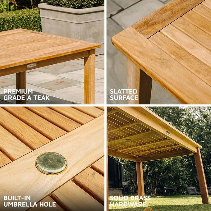 TITAN GREAT OUTDOORS Ash & Ember Sandhill Grade A Teak Dining Table, 79" Outdoor Patio Wood Table, Premium Joinery, Hand-Sanded Craftsmanship, Solid Brass Hardware, Fits Standard Patio Umbrellas