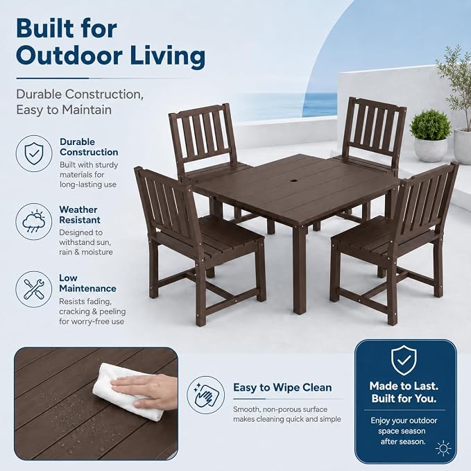 HDPE Outdoor Dining Set for 4, Square Table & Chairs Set | • All-Weather Polywood Composite • 410 lbs Heavy-Duty Support • Built-In 2" Umbrella Hole • Easy Soap-Water Wash