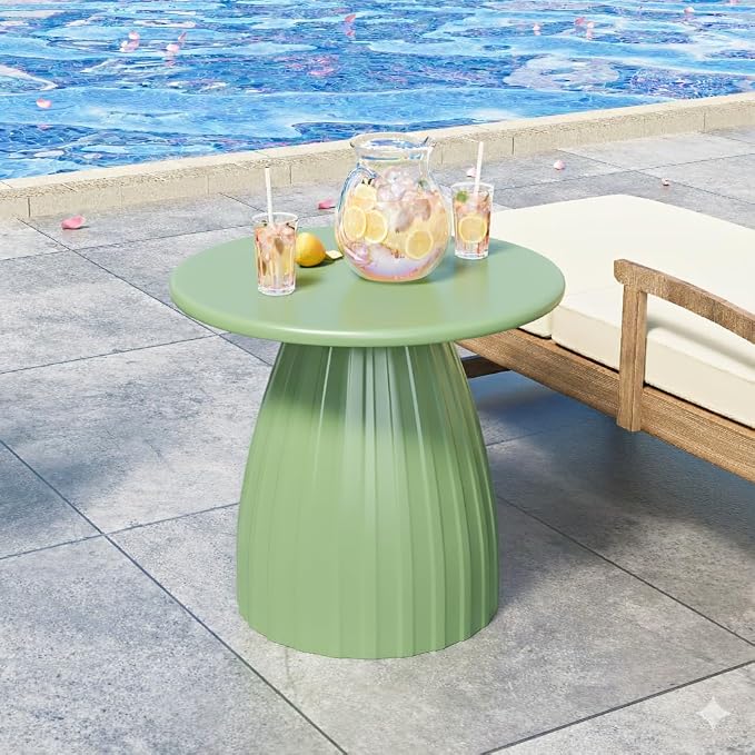 Round Small Patio Side Table Set of 2, Metal Steel Outdoor Side Table, Patio Accent End Table for Garden, Pool, Yard, Balcony, Living Room, Deck, Weather Resistant, No Assembly, Green
