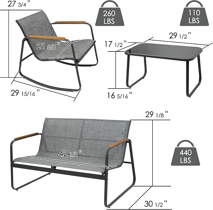 Kozyard 4-Piece Outdoor Patio Furniture Set with Textilene Chairs, Metal Conversation Set, Tempered Glass Coffee Table, Powder-Coated Steel Frame for Garden, Poolside, Backyard Gray