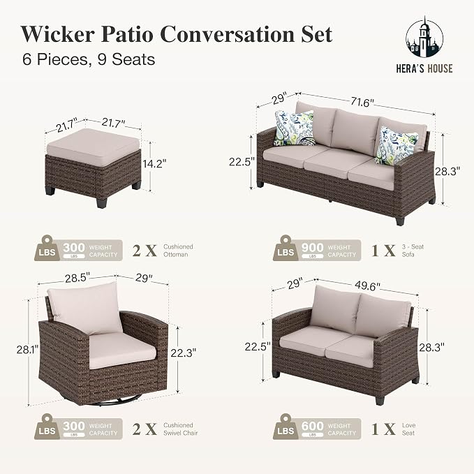 HERA'S HOUSE Outdoor Patio Furniture Set with Swivel Glide Chairs, 6 Pieces Wicker Patio Conversation Sofa Sets for Backyard Porch Deck, Beige