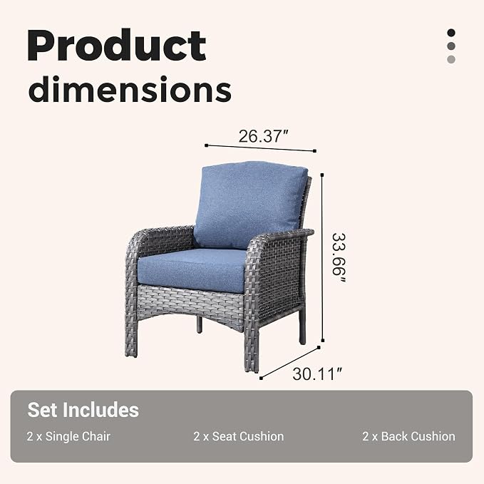 2 Pieces Wicker Patio Chairs - Outdoor Rattan Chairs Set of 2,All-Weather PE Wicker Dining Chair Set with High Back and Deep Seating for Deck Porch,Blue
