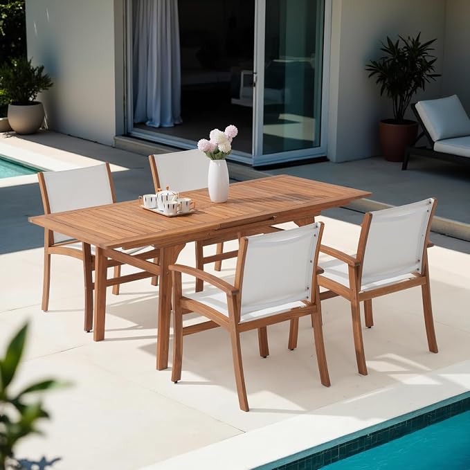 OC Orange-Casual Outdoor Acacia Wood Expandable Table for 6-8, Wooden Rectangular Table with Umbrella Hole and Slat Design, for Patio, Deck, Porch, Backyard, Natural