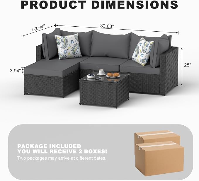 5 Piece Patio Furniture Sets, Outdoor Patio Set Sectional Sofa, All-Weather PE Rattan Couch with Cushion, Glass Table for Gatherings, Parties, Sports Viewing (Gray, 5-Piece Set)