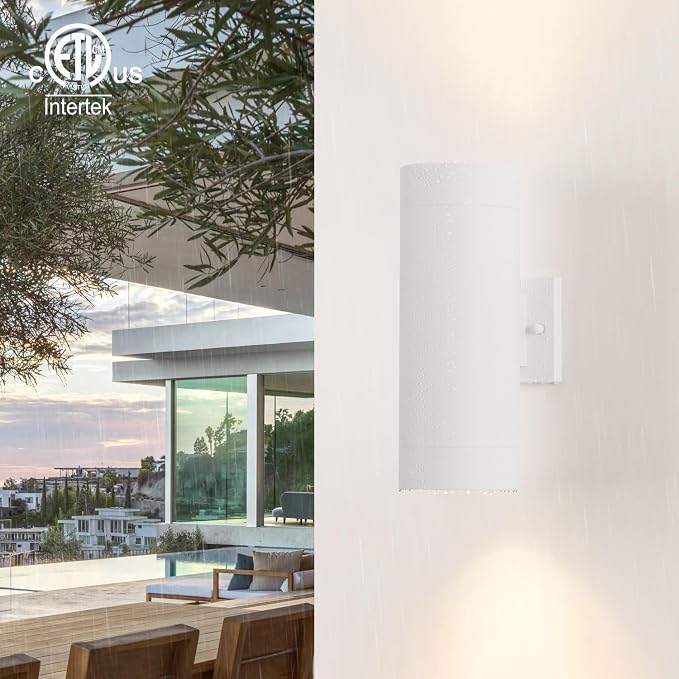 mirrea 14" Modern Outdoor Porch Light in 2 Lights, Matte White, 2 Pack | Aluminum cylinder exterior fixtures, tempered glass cover, waterproof wall sconce & patio light for outdoor use.
