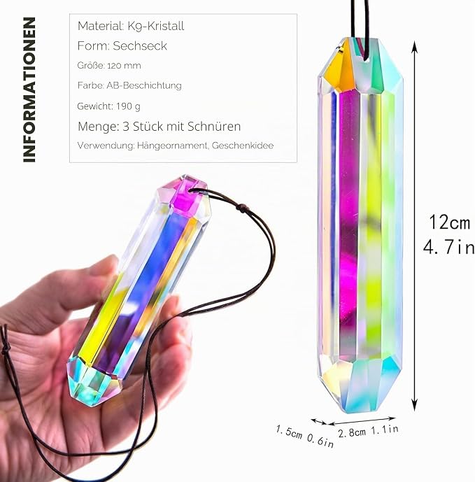 3 Pack 5" Large Crystal Prisms Suncatcher for Window AB Colored Sun Catcher | Indoor Window,Hanging Crystals,Rainbow Maker Prisms For Home Garden Christmas Tree Decor,with Hooks & Cord,Gift For Women