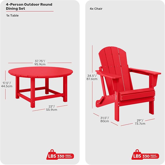 Costaelm Patio Conversation Set, 5 piece Balcony Furniture, Small Patio Firepit Furniture Outdoor Adirondack Round Coffee Table and Chair for Backyard Lawn Porch Pool Garden, Red
