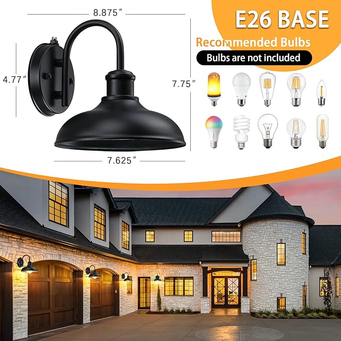 Dusk to Dawn Gooseneck Outdoor Light Fixtures, Farmhouse Barn Lights | Industrial Porch Lights, Black Exterior Wall Sconce for Garage, E26 Anti-Rust for Frontdoor Entryway, 2 Packs