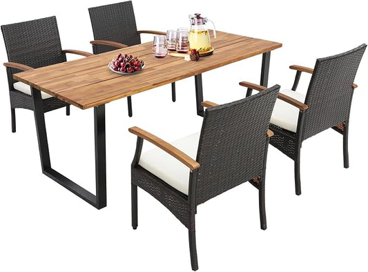 Tangkula Outdoor Dining Set for 4, Weather Resistant Heavy Duty 5 Pieces Patio Acacia Wood Table and Wicker Chairs with Umbrella Hole, Soft Padded Cushions, for Poolside, Backyard, Lawn (5 PCS)
