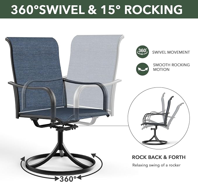 Outdoor Navy Blue Swivel Chairs and 35" Square Table Patio Dining Set of 5 | High Back, Curved Armrest, Textilene Fabric, All Weather, Rocking, Swivel Chairs, 35'' Square Table, Metal Top and Frame