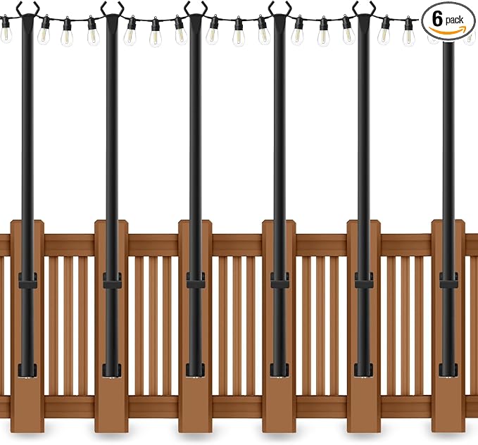 AHRLHR 6 Pack 5 Ft String Light Poles, String Light Poles for Outside with Fixing Clips,Metal Poles for Outdoor String Lights, Hanging Light Poles for Deck Fence Garden Backyard Wall Bistro