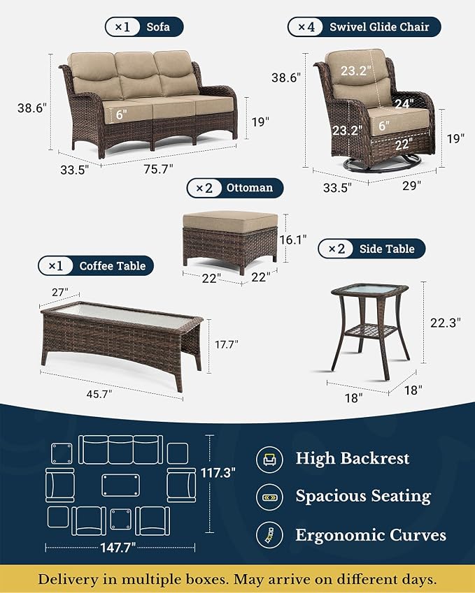 HILLGA 10-Piece Luxury Patio Furniture Set with 6" Thick Cushions, Weather-Resistant Wicker High Back Swivel Rocker Chairs, Senior-Friendly Outdoor Sofa Set for Large Deck, Yard and Poolside,Beige(V2)