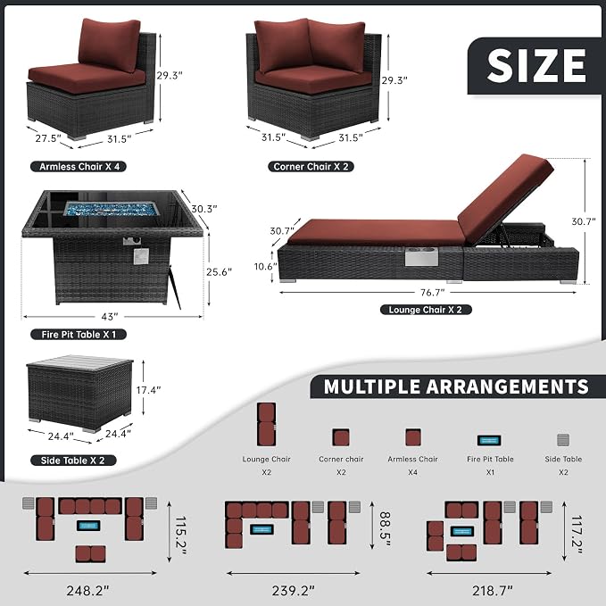 BULEXYARD 11 Piece Large High Back Outdoor Patio Furniture Sets with Firepit and Loungers, Cozy Extra Deep Wide Seating Sectional Conversation Couch Backyard Sitting Sets, Grey Wicker & Red Cushion