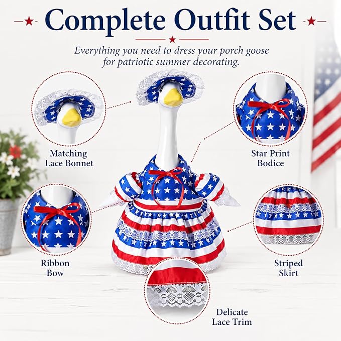 4th of July Porch Goose Outfit for 23 Inch Goose Statue, Patriotic Red White and Blue Porch Goose Dress with Lace Bonnet, Summer Sculpture Clothes for Independence Day Garden Patio Decor