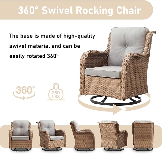 Outdoor Swivel Rocker Patio Chairs-Wicker Patio Swivel Chairs Set of 2 PE Rattan Patio Furniture for Porch Deck Balcony Garden-Yellow/Beige