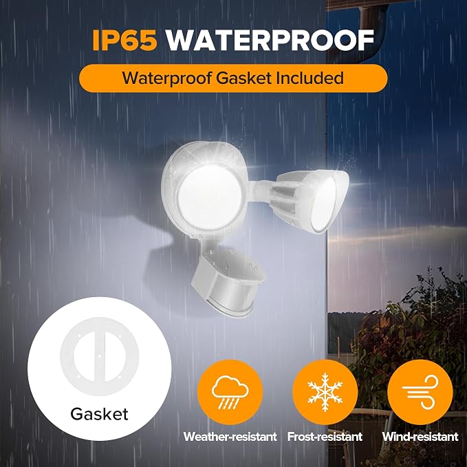 UME 2 Pack LED Security Light Motion Sensor Outdoor Lights, 27W 3500LM, 5000K, IP65 Waterproof, Dusk to Dawn, 2 Head Motion Detector Flood Light for Outside, Garage, Yard (White)