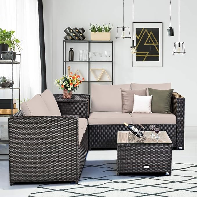 Tangkula 8 Piece Wicker Patio Set with Storage, All Weather-Proof Outdoor Conversation Set, with Loveseat, Glass Top Coffee Table & Storage Box, Suitable for Garden, Poolside, Sunroom (2, Brown)
